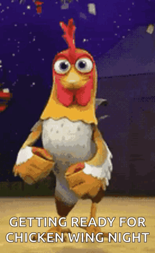 A Cartoon Chicken Is Dancing With The Words Getting Ready For Chicken Wing Night GIF