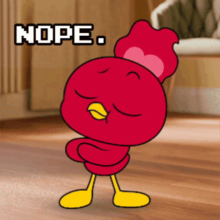 A Cartoon Chicken Is Standing On A Wooden Floor With The Word Nope Written Above It GIF