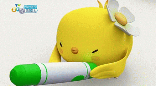 A Cartoon Chicken With A Flower On Its Head Is Holding A Green Marker GIF
