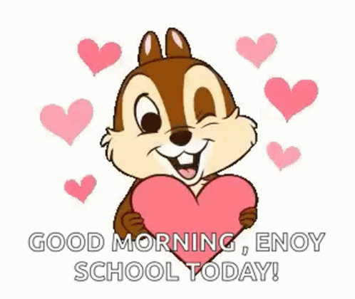 A Cartoon Chipmunk Is Holding A Pink Heart And Says `` Good Morning , Enoy School Today ! '' GIF