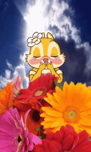 A Cartoon Chipmunk With A Flower On Her Head Smelling Flowers GIF