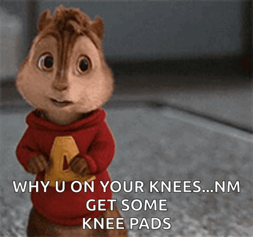 A Cartoon Chipmunk With The Words " Why U On Your Knees Nm Get Some Knee Pads " GIF