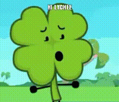 A Cartoon Clover Says Hi Lychee In A Green Field GIF