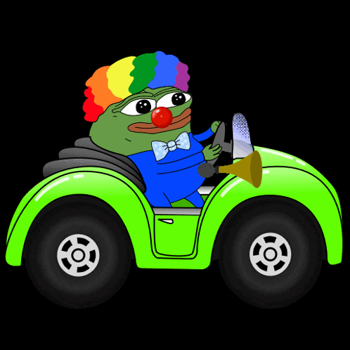 A Cartoon Clown Is Driving A Green Car GIF