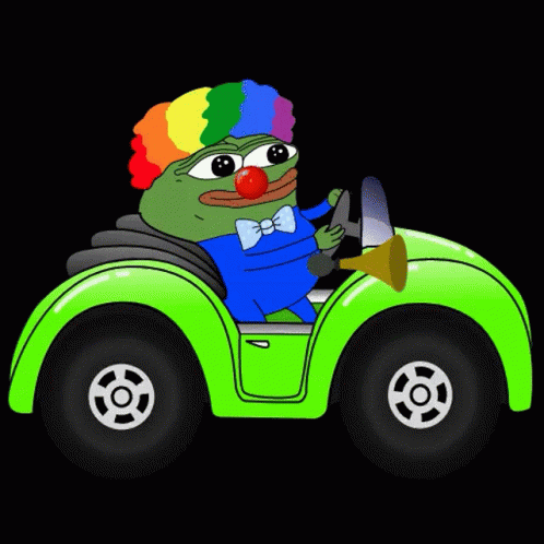 A Cartoon Clown Is Driving A Green Car GIF