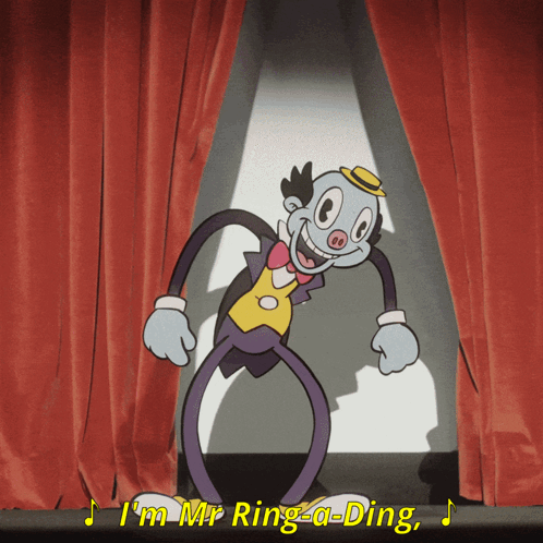A Cartoon Clown Says I 'M Mr Ring-A-Ding In Front Of A Red Curtain GIF