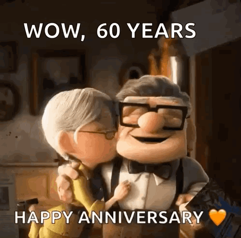 A Cartoon Couple Kissing With The Words Wow 60 Years Happy Anniversary Written Below Them GIF
