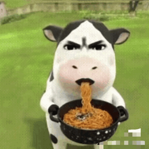 a cartoon cow is eating noodles from a bowl .
