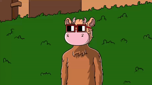 A Cartoon Cow Wearing Sunglasses Is Standing In A Field GIF