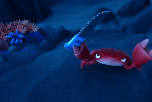 A Cartoon Crab Is Holding A Knife In Its Hand GIF