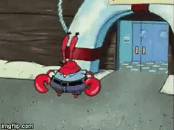 A Cartoon Crab Is Standing In Front Of A Building . GIF
