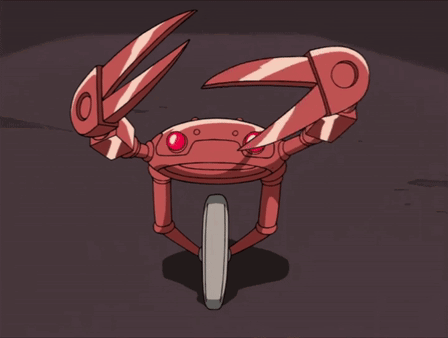 A Cartoon Crab With Red Eyes And A Wheel GIF