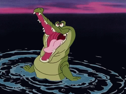 A Cartoon Crocodile Is Swimming In The Ocean With Its Mouth Open GIF