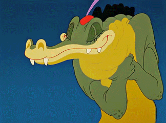 a cartoon crocodile with a red feather on his head