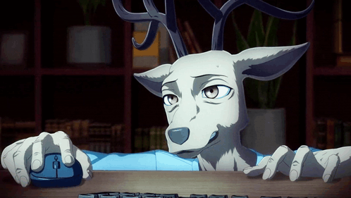 A Cartoon Deer Is Using A Computer Mouse And Keyboard GIF