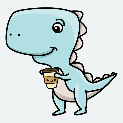 A Cartoon Dinosaur Is Holding A Cup Of Coffee GIF