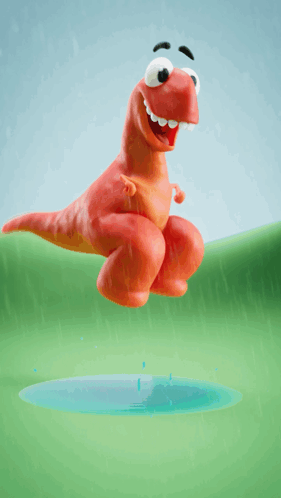 a cartoon dinosaur splashing in a puddle of water