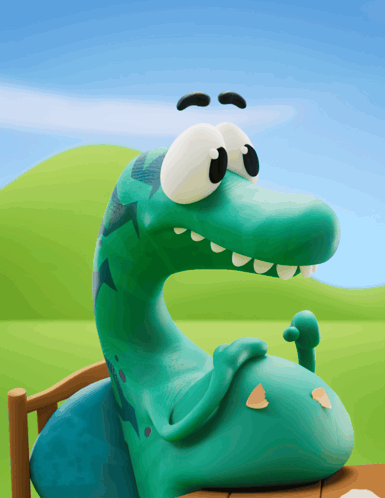 A Cartoon Dinosaur With A Sad Look On His Face Is Sitting On A Bench GIF