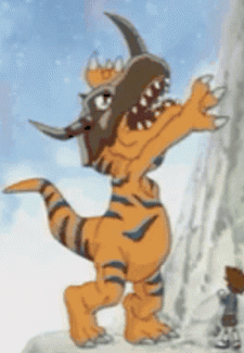 A Cartoon Dinosaur With Horns Is Standing On A Snowy Hill GIF