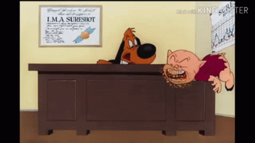 A Cartoon Dog And Pig Are Sitting At A Desk With A Sign That Says I.m.a. Sureshot GIF