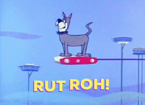A Cartoon Dog Flying Through The Air With The Words Rut Roh GIF