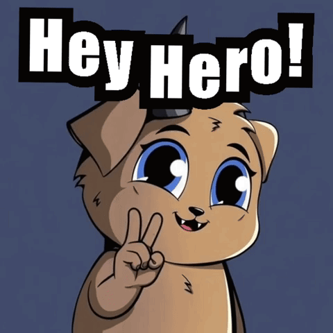 A Cartoon Dog Giving A Peace Sign With The Words Hey Hero Behind Him GIF