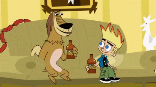 A Cartoon Dog Holding A Bottle Of R & B GIF