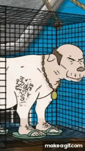 Cartoon Dog In Cage With Tattoo GIF
