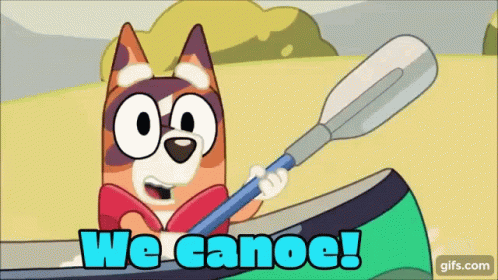 A Cartoon Dog In A Canoe With The Words We Canoe GIF