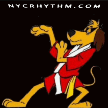 A Cartoon Dog In A Red Robe With Nycrhythm.com Written Below It GIF