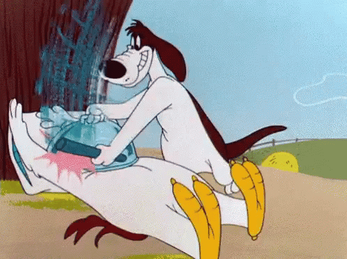 A Cartoon Dog Is Cleaning A Chicken 'S Feet With A Brush GIF