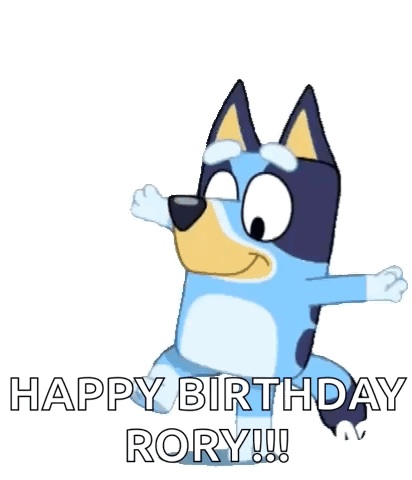 a cartoon dog is dancing with the words `` happy birthday rory !!! ''