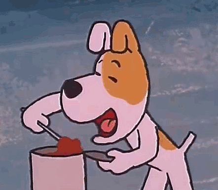 A Cartoon Dog Is Eating A Strawberry Out Of A Can With A Spoon . GIF