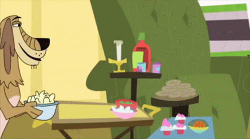 A Cartoon Dog Is Holding A Bowl Of Popcorn While Sitting At A Table GIF