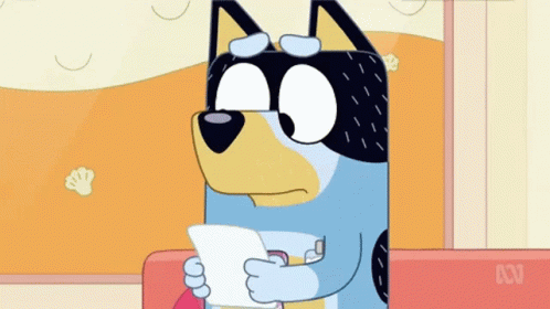 A Cartoon Dog Is Holding A Piece Of Paper And Looking At It . GIF