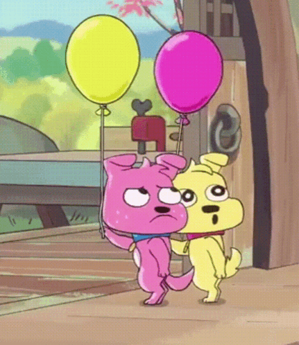 A Cartoon Dog Is Holding A Pink Balloon And A Yellow Balloon GIF