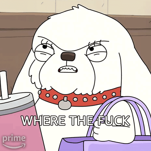 a cartoon dog is holding a pink drink and a purple purse and says where the fuck