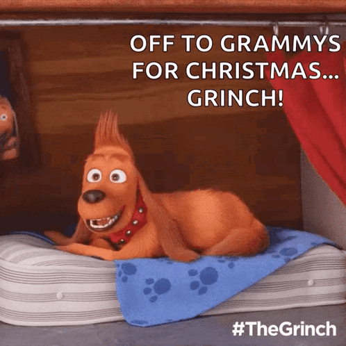 A Cartoon Dog Is Laying On A Bed With The Words Off To Grammys For Christmas Grinch GIF