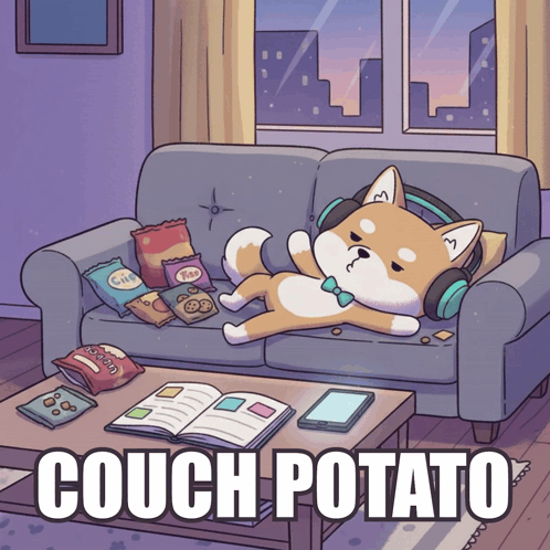 A Cartoon Dog Is Laying On A Couch With Headphones On GIF