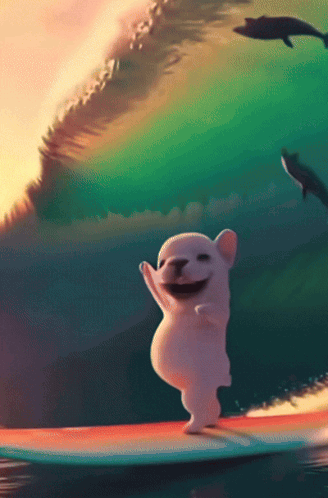 A Cartoon Dog Is Riding A Wave On A Surfboard In The Ocean GIF