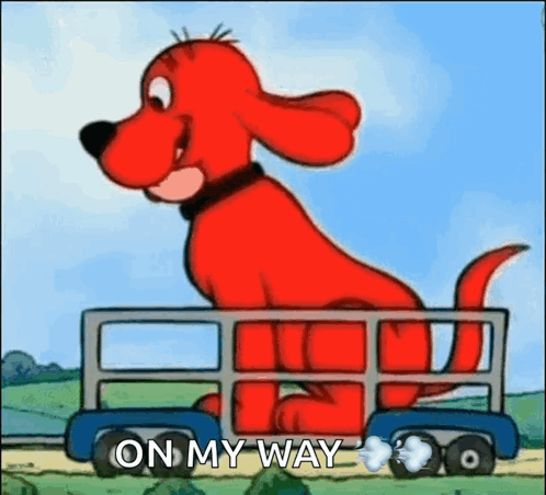 A Cartoon Dog Is Riding In A Trailer With The Words `` On My Way '' Written On It . GIF