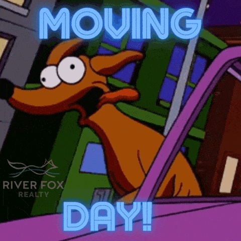 A Cartoon Dog Is Sitting In A Car With The Words " Moving Day " Written Above It GIF