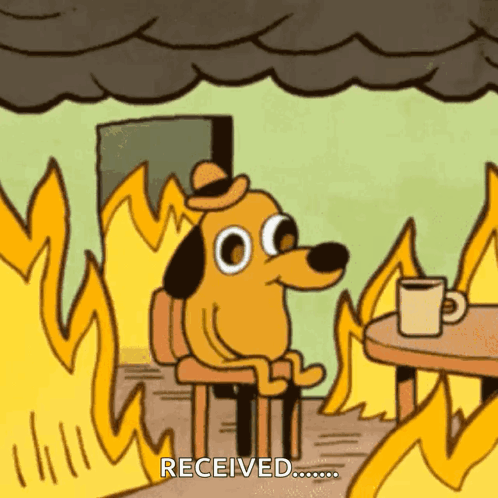 A Cartoon Dog Is Sitting In A Chair In Front Of A Fire And Says Received . GIF
