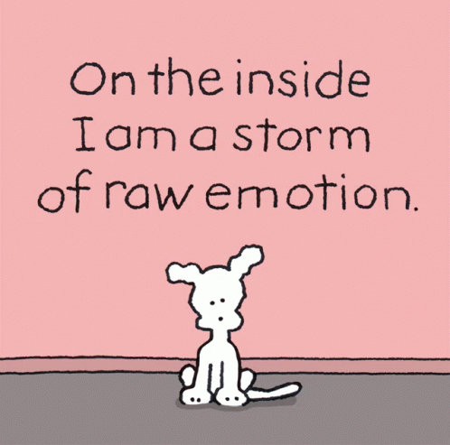 A Cartoon Dog Is Sitting In Front Of A Pink Wall With The Words " On The Inside I Am A Storm Of Raw Emotion " GIF