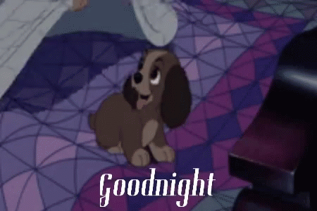 A Cartoon Dog Is Sitting On A Bed With The Words `` Goodnight '' Written On The Bottom . GIF