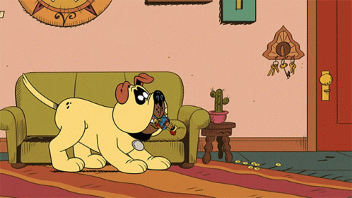 A Cartoon Dog Is Sniffing A Stuffed Animal On A Green Couch GIF