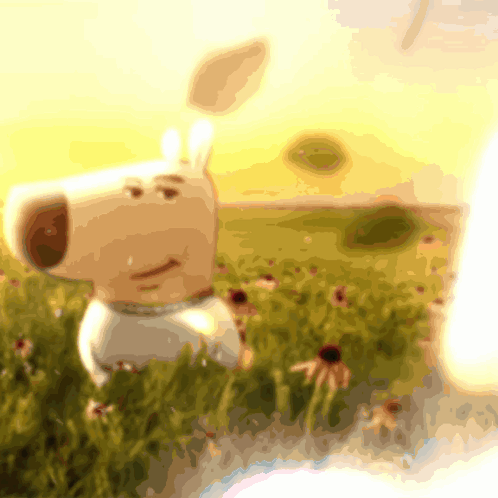 a cartoon dog is standing in a field of flowers with a sunset in the background