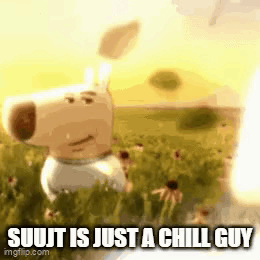 A Cartoon Dog Is Standing In A Field Of Flowers With The Words `` Sujjt Is Just A Chill Guy '' . GIF