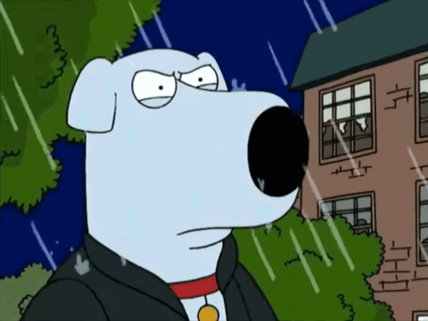 A Cartoon Dog Is Standing In Front Of A Brick Building In The Rain GIF