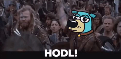 A Cartoon Dog Is Standing In Front Of A Crowd With The Word Hodl Written On The Bottom GIF